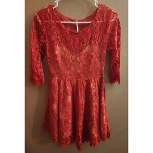 Free People Red Floral Leaf Mesh Lace Mini Dress Bohemian BOHO Size 6
